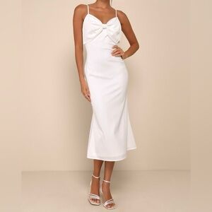 Lulus Extravagantly Sleek White Satin Sleeveless Bow Midi Dress NWT Medium